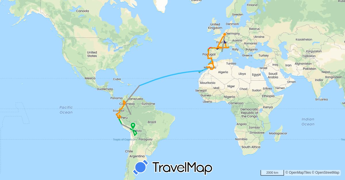 TravelMap itinerary: driving, bus, plane, hiking, boat, hitchhiking, motorbike in Belgium, Bolivia, Colombia, Ecuador, Spain, France, Gibraltar, Morocco, Monaco, Netherlands, Peru, Portugal (Africa, Europe, South America)